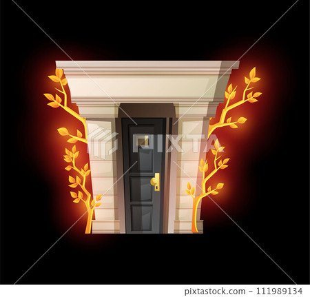 Door with window and glowing magic tree. Door with window and glowing magic tree. 111989134