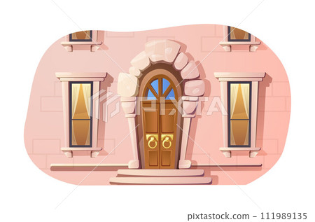 Medieval door to castle, old vintage entrance from wood, stone and metal hafts, vector ancient game portal antique entry 111989135