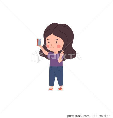 Cute little girl takes a selfie using mobile phone, vector child using gadget for photo, video recording or broadcast Cute little girl takes a selfie using mobile phone, vector child using gadget for photo, video recording or broadcast 111989148