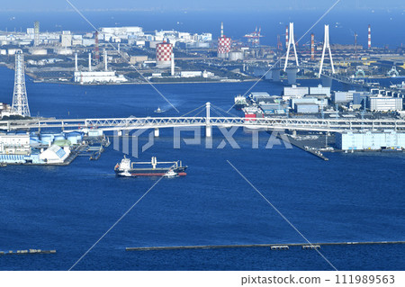 Japan's Yokohama cityscape View of the trading hub Daikoku Pier, Kawasaki, Ogishima, etc. SPRING HONOR is in the foreground 111989563