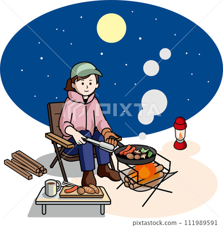 夜間營地做飯的女人 111989591