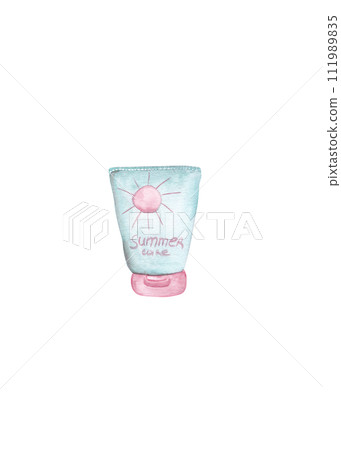 Sunscreen. An accessory for a traveler to hot countries. Watercolor cartoon Sunscreen. An accessory for a traveler to hot countries. Watercolor cartoon 111989835