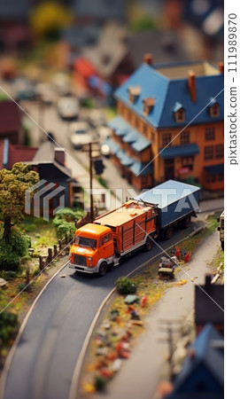Top view of a model truck standing on a toy town road, trucking transportation concept 111989870