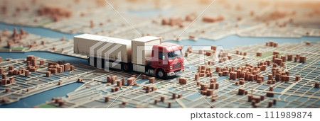 Top view of a model of a truck standing on a map, freight transportation concept, banner Top view of a model of a truck standing on a map, freight transportation concept, banner 111989874