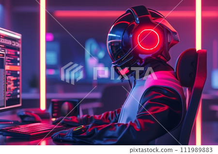 A futuristic center to help customers with virtual reality, a person in a virtual headset looks at a database 111989883