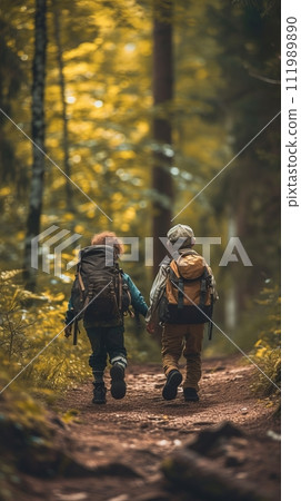 Children with backpacks walking through the forest, school camping trip in the forest Children with backpacks walking through the forest, school camping trip in the forest 111989890