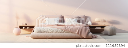 Double bed isolated against a white wall, pastel pink pillows and bedding, banner 111989894