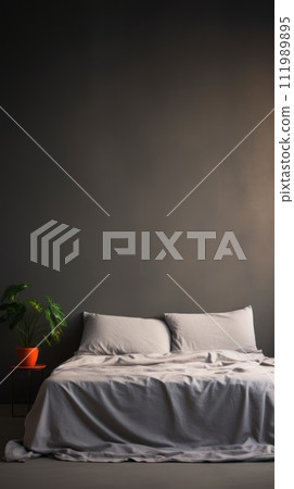 Tucked in twin bed isolated against a grunge wall backdrop 111989895