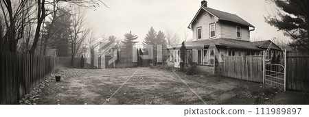 Black and white photo of the backyard of a country house 111989897