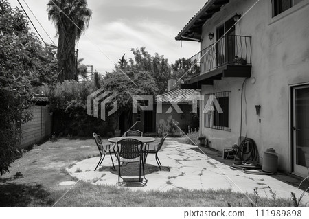 Black and white photo of the backyard of a country house 111989898