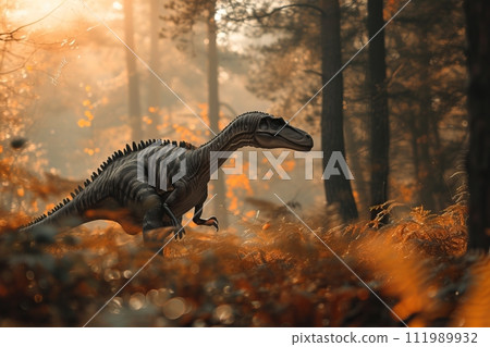 An ancient extinct animal dinosaur in an ancient forest 111989932
