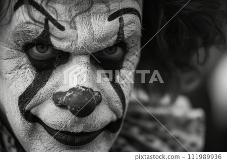Evil scary clown close-up, clown in makeup with red nose 111989936