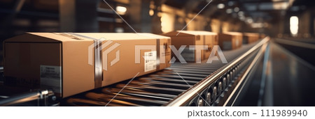 Cardboard boxes parcels on a conveyor belt, transport goods delivery and logistics, logistics warehouse, banner 111989940