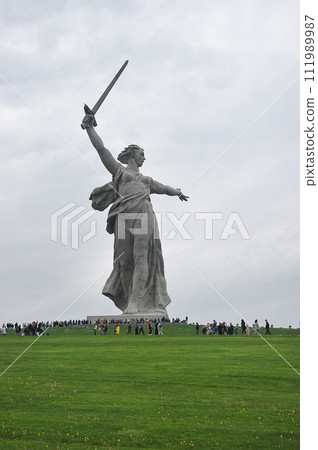view of the Motherland Calls monument on Mamayev Kurgan in Volgograd, Russia 111989987