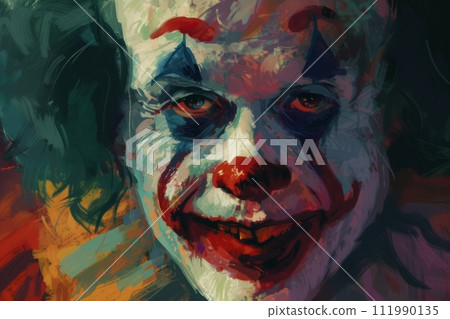 Evil scary clown close-up, clown in makeup with red nose 111990135