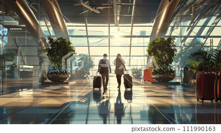 Tourists passengers with suitcases at modern airport, back view Tourists passengers with suitcases at modern airport, back view 111990163