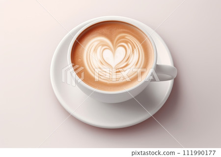 A beautifully crafted cup of cappuccino featuring latte art, placed on a saucer on a clean white table. Perfect for coffee lovers and enthusiasts of espressobased drinks A beautifully crafted cup of cappuccino featuring latte art, placed on a saucer on a clean white table. Perfect for coffee lovers and enthusiasts of espressobased drinks 111990177
