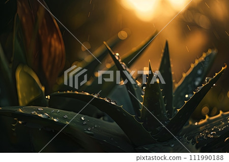 A close up of a green aloe vera plant with water drops on the leaves, displaying beautiful macro photography of this terrestrial houseplant, cosmetic concept 111990188