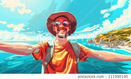 Illustration of a happy young guy taking a selfie on the background of the sea 111990190