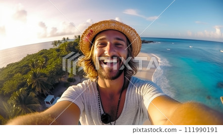 Happy young guy taking a selfie on the background of the sea 111990191
