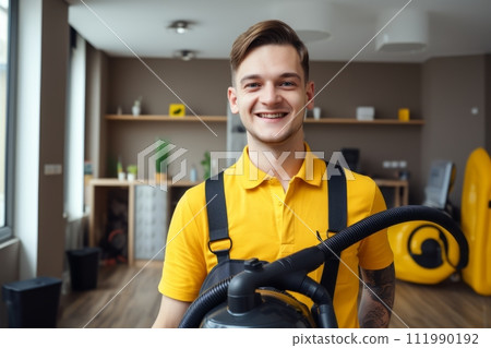 Smiling cleaning worker with steam cleaner in apartment, cleaning service concept 111990192