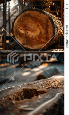 Sawmill with tree cut close-up, timber harvesting 111990193
