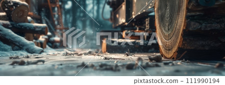 Sawmill with tree cut close-up, timber harvesting 111990194