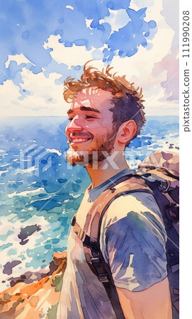 Watercolor Illustration of a happy young guy taking a selfie on the background of the sea 111990208