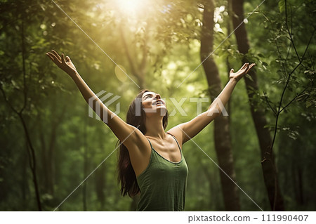 Blissful Woman in Sun-Kissed Forest 111990407