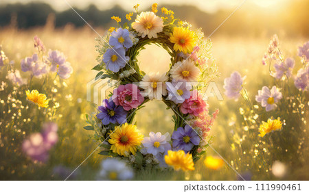 Number 8 wreath made of colorful flowers on a blooming meadow in sunrise soft light. Conceptual background for the International Women's Day celebrated on march 8th 111990461