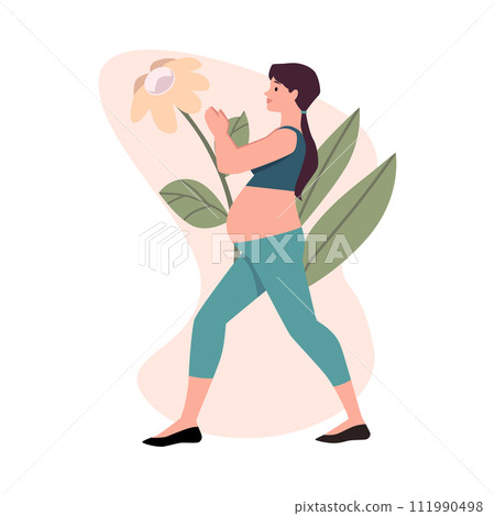 Pregnant woman stretching, floral backdrop vector illustration 111990498