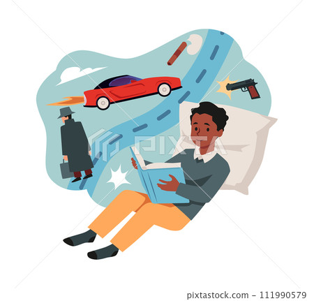 A boy reads an adventure book. World Book Day. A boy reads an adventure book. World Book Day. 111990579