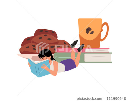 Cute pupil girl reading book near the cup of coffee on stack of books with cookies, cartoon vector education, book lover 111990648