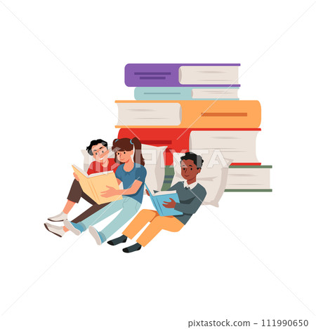 Cute children are sitting and enjoying reading book on pillows near huge stack of books, vector education back to school Cute children are sitting and enjoying reading book on pillows near huge stack of books, vector education back to school 111990650