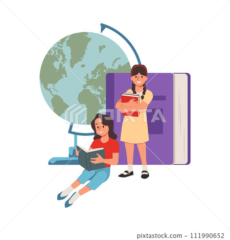 Cute pupil girls reading book near the huge globe and book, vector illustration of children education, back to school Cute pupil girls reading book near the huge globe and book, vector illustration of children education, back to school 111990652