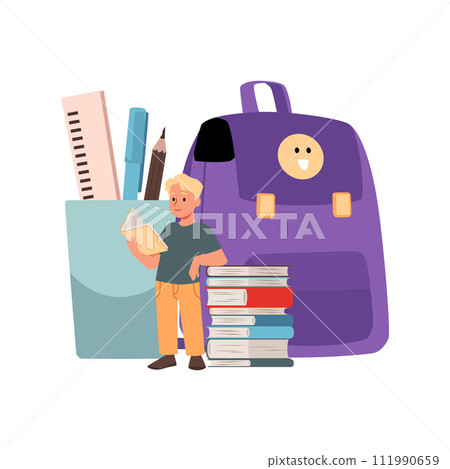 Cute boy pupil enjoying reading book huge stack of books, school supplies and backpack, vector child education preparing 111990659