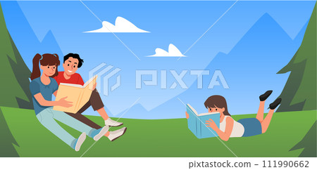 Vector illustration: teenage children in nature, absorbed in books. 111990662