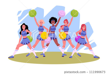 Cheerleaders group support sports teams, flat vector illustration isolated. Cheerleaders group support sports teams, flat vector illustration isolated. 111990673