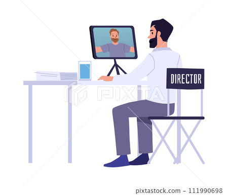 A man views and edits a video recording, creating a video. A man views and edits a video recording, creating a video. 111990698
