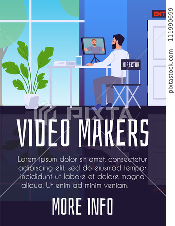 Flat flyer showing a man watching and editing video content. Flat flyer showing a man watching and editing video content. 111990699