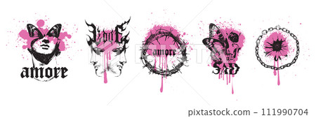 Y2k gothic sticker vector set, dark love tattoo print, emo vintage texture grunge design element. Y2k gothic sticker vector set, dark love tattoo print, emo vintage texture grunge design element. 111990704