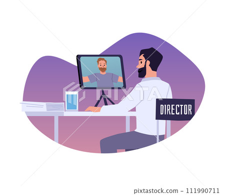 Character viewing or editing video footage, sticker on isolated background. Character viewing or editing video footage, sticker on isolated background. 111990711