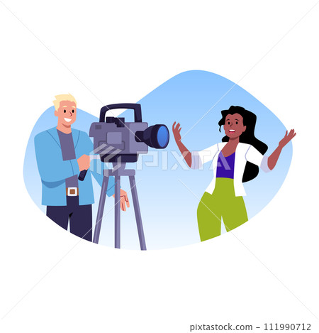 Sticker style illustration of a male cameraman with a video camera filming a woman. Sticker style illustration of a male cameraman with a video camera filming a woman. 111990712