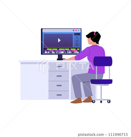 Video maker or editor at work in front of computer, vector illustration isolated. Video maker or editor at work in front of computer, vector illustration isolated. 111990715