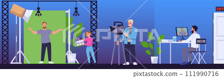Banner with a film crew, video production and broadcast. Banner with a film crew, video production and broadcast. 111990716
