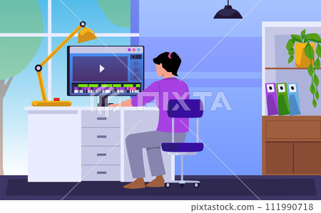 A girl at a computer desk watches a video, vector illustration. A girl at a computer desk watches a video, vector illustration. 111990718