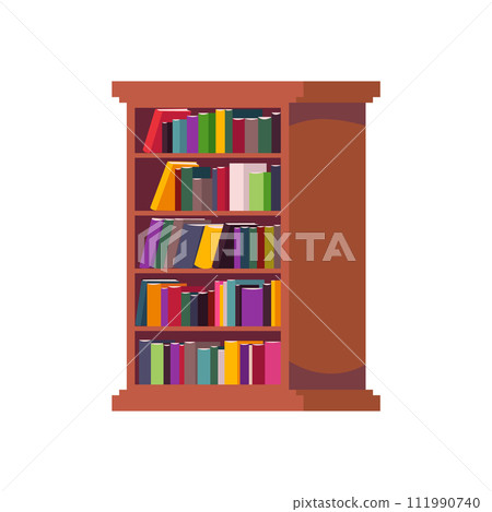 Wooden bookcase with many different colorful books. 111990740