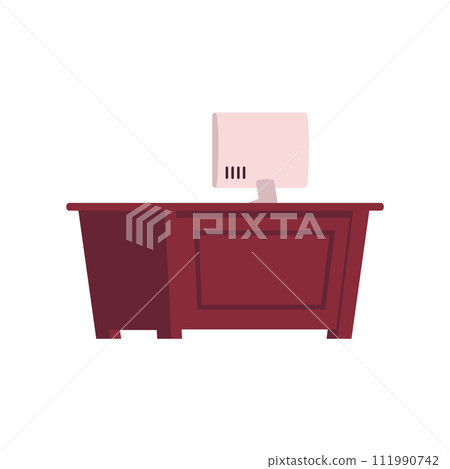 Wooden table with computer, library furniture interior, vector cartoon home, office or school internet education desk Wooden table with computer, library furniture interior, vector cartoon home, office or school internet education desk 111990742