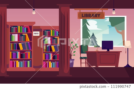 Cozy library interior vector with bookcases and desk with computer. Cozy library interior vector with bookcases and desk with computer. 111990747
