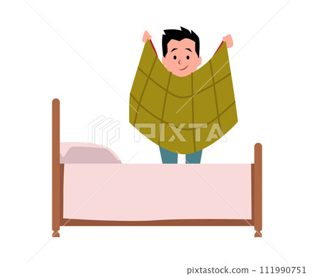 Happy cute boy making the bed, cartoon children cleaning duty, housework chores vector illustration isolated on white 111990751